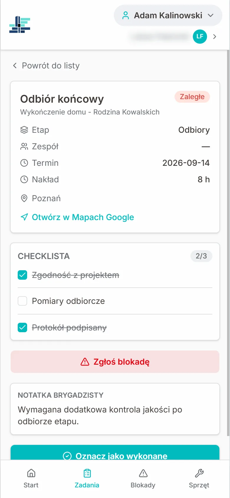 Puls: szczegóły zadania z checklistą i notatką