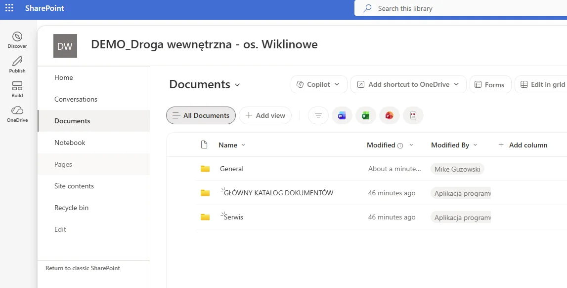 Witryna SharePoint projektu z biblioteką dokumentów